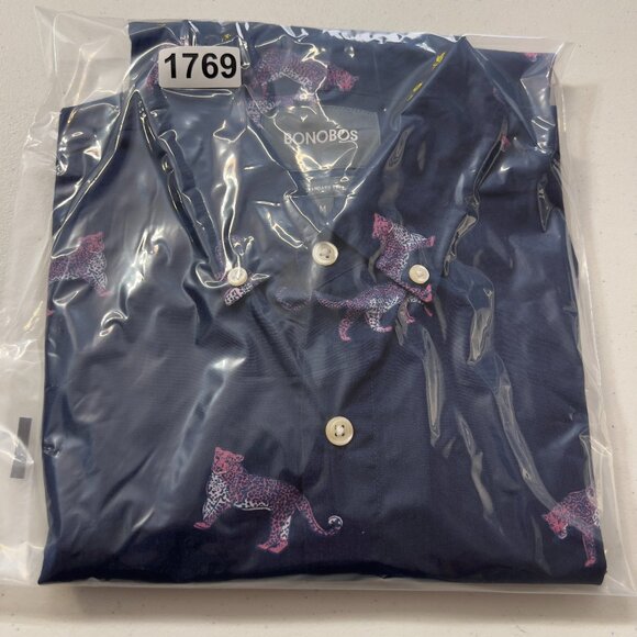 Bonobos Mens Navy Button Down Shirt Pink & Purple Leopard Print Standard Fit M - Picture 10 of 10